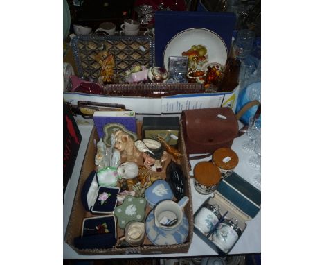 TWO BOXES AND LOOSE CERAMICS, CAMERA, GLASS, etc, to include Wedgwood, Poole, Worcester, Doulton 'Aramis' etc