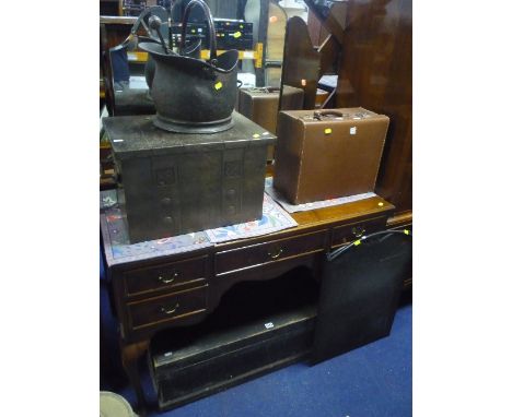A PINE CHEST, sewing machine, coal box, a coal bucket and a firescreen (5)