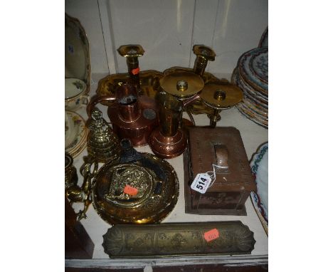 VARIOUS COPPER AND BRASS, to include Arts & Crafts tobacco/tea caddy with lead liner (s.d.), brass chamber sticks etc