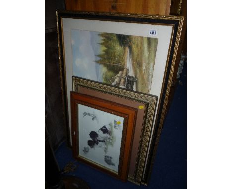 AN OAK STANDARD LAMP WITH SHADE, and three various prints (4)