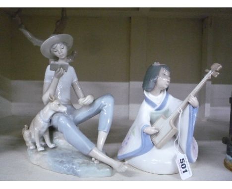 TWO NAO FIGURES, oriental girl playing musical instrument and boy reading by a dog (2)