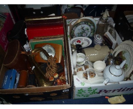 TWO BOXES OF CERAMICS, BOOKS, BUGLE, BINOCULARS, etc