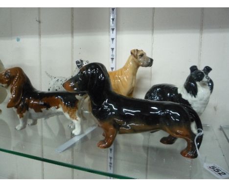 FIVE BESWICK DOGS, Dachshund No 3013, Dalmatian, Arnoldene No 961, Great Dane, Ruler of Ovbourgh No 968, SheepDog, No 1792 an