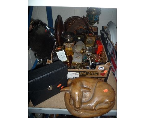 A BOX AND LOOSE SUNDRY ITEMS, clocks (Bayard carriage clock), binoculars etc