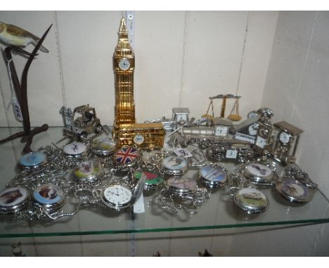 ELEVEN NOVELTY MINIATURE TIME PIECES, to include Big Ben, London Bus, Diggers, Locomotive, Fire Engine, Scales, Piano etc, to