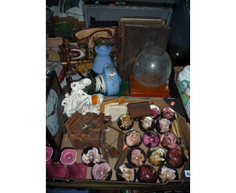 A BOX AND LOOSE SUNDRY ITEMS, to include cuckoo clock, oil lamp (s.d.), Bible, a set of seventeen paperweights with roses, sn