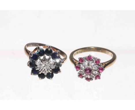 9 carat gold, ruby and diamond ring, and a sapphire ring (2).