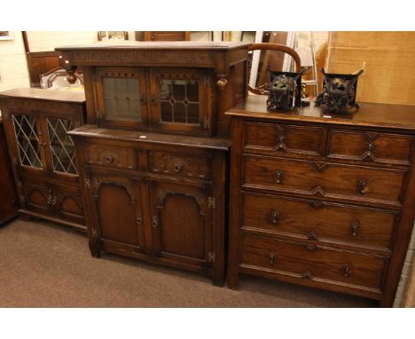 Old Charm buffet sideboard, glazed door cabinet bookcase and 1920's oak five drawer chest (3).