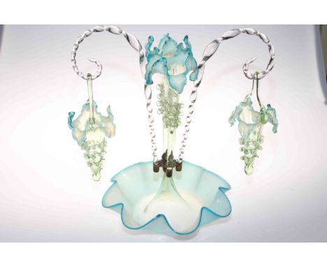 Victorian vaseline glass epergne with two branches and four spills.