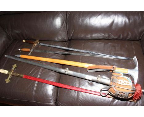 Two Wilkinson swords, dress sword with scabbard, Continental walking stick and a fencing sword with handle.