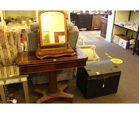 Victorian rosewood fold top card table, studded dome trunk and Victorian mahogany toilet mirror (3).