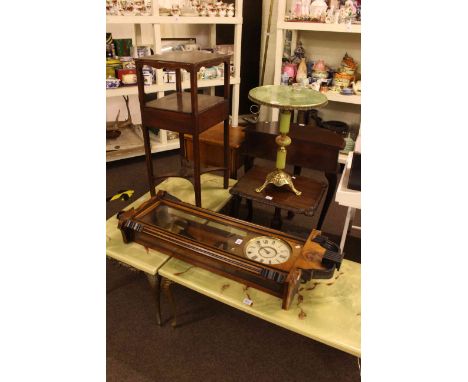 Victorian walnut wall clock, Georgian mahogany washstand, oak sewing table, tripod table, hall table and three onyx style tab