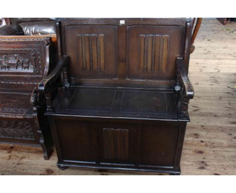 Linen fold panelled monks bench, 79cm by 101cm (closed).