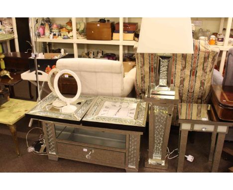 Contemporary mirrored entertainment unit, matching pedestal, lamp, clock and wall mirror, mirrored lamp table, contemporary f