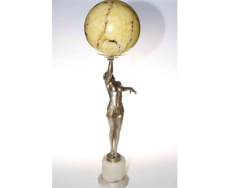 Art Deco style figural lamp modelled as lady with up-stretched arm supporting globe shade, 68cm high.