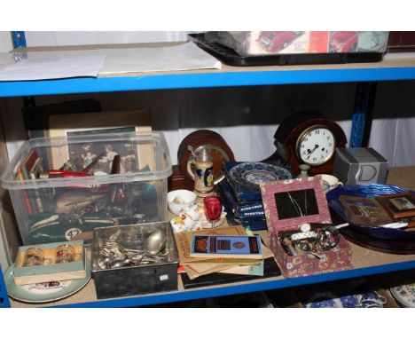Tinplate toy cars, maps, cutlery, mantel clock, Ringtons, costume jewellery, Dartington Crystal, commemorative ware, etc.