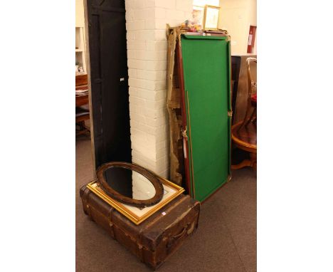 Vintage Joe Davis table top snooker table and accessories, vintage trunk, mirror and two pictures (5).