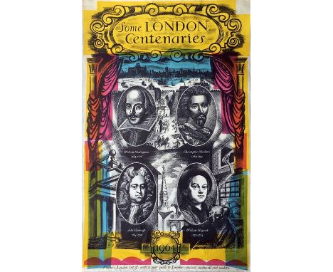 Original 1964 London Transport double-royal POSTER 'Some London Centenaries' (Shakespeare, Marlowe, Vanbrugh & Hogarth) by Jo