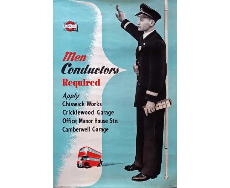 Original 1951 London Transport POSTER 'Men Conductors Required' featuring a picture of a young conductor with his Bell Punch 