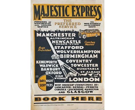 1930s POSTER for Majestic Express coach service from London to Manchester, 'Pioneers of Manchester and London Service'. This 