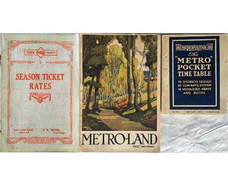 Metropolitan Railway items comprising a 1916 stapled LEAFLET 'Season Ticket Rates' (corroded staples, otherwise good), a 'MET