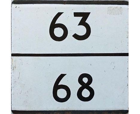 London Transport bus stop enamel E-PLATE for routes 63 and 68 combined. An unusual plate for two routes that crossed only bri