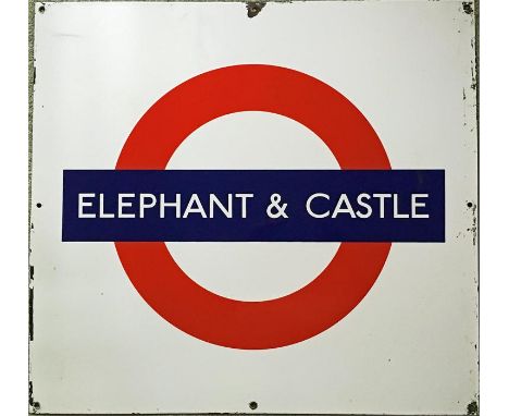 London Underground enamel BULLSEYE PLATFORM SIGN 'Elephant & Castle'. A tunnel-side sign measuring 28" x 26" (71cm x 66cm) an