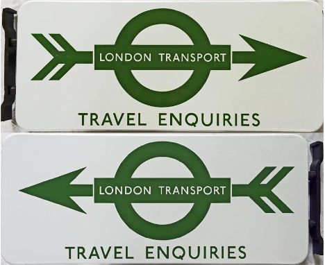 London Transport enamel DIRECTION SIGN 'London Transport Travel Enquiries' featuring LT's famous pierced-bullseye arrow with 