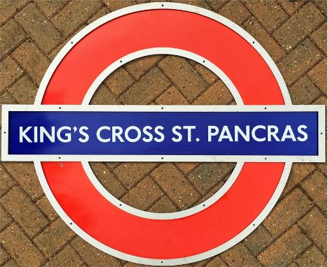 London Underground enamel PLATFORM ROUNDEL from King's Cross St Pancras station. c1980s/90s and measures 48" x 39" (122cm x 9