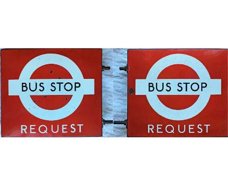 London Transport enamel BUS STOP FLAG 'Request'. A traditional 'boat'-type (two-sided, hollow) flag complete with fixing lugs