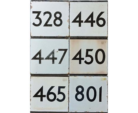Selection of London Transport bus stop enamel E-PLATES for Country Area routes 328, 446, 447, 450, 465 and 801. All in ex-use