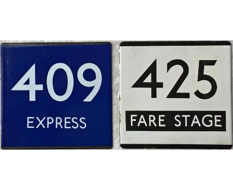 London Transport/London Country bus stop enamel E-PLATES for routes 425 Fare Stage and 409 Express, the latter white on blue.