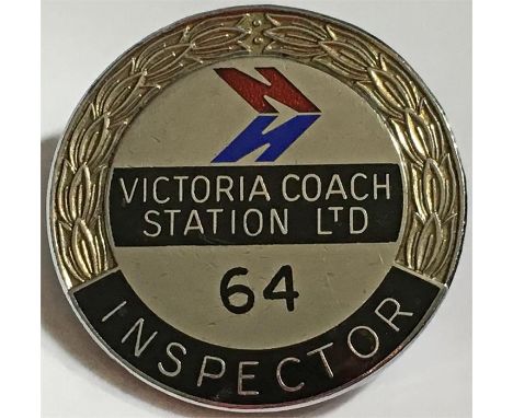 Victoria Coach Station Inspector's CAP BADGE made of chromed metal with enamel inlays and bearing serial number 64. In good c