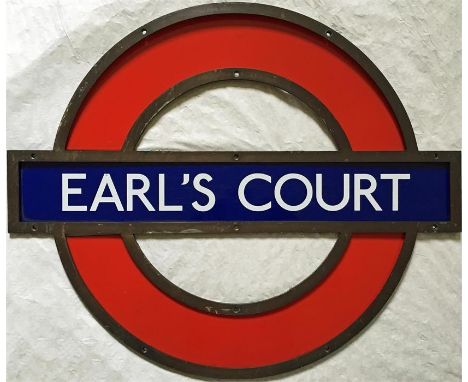 London Underground framed enamel PLATFORM ROUNDEL SIGN from Earl's Court station, probably from the Piccadilly Line platforms