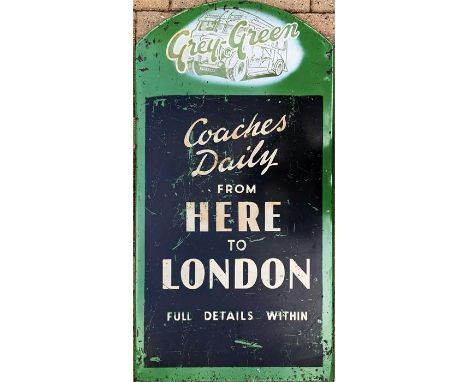 Grey-Green Coaches booking agent metal ADVERTISING BOARD 'Coaches daily from here to London' with an illustration of a pre-wa