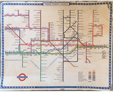 1949 London Underground quad-royal POSTER MAP designed by Harry Beck and mounted on hardboard, probably for official use. Sho