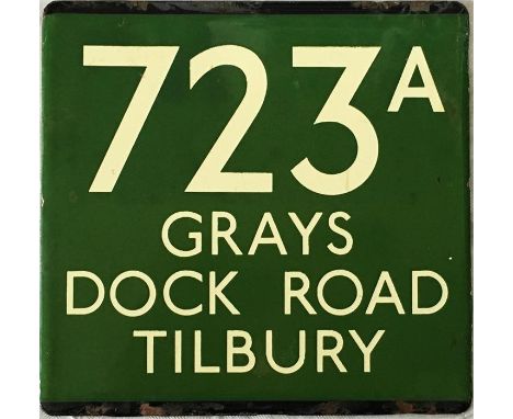 London Transport coach stop enamel E-PLATE for Green Line route 723A destinated Grays, Dock Road, Tilbury. This plate dates f