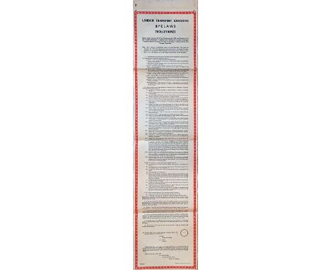 London Transport bus stop PANEL POSTER "BYELAWS - TROLLEYBUSES" being the 1947 laws printed in 1955 onto a 1953-issue poster 