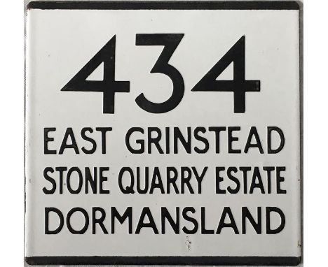 London Transport bus stop enamel E-PLATE for route 434 destinated East Grinstead, Stone Quarry Estate, Dormansland. This plat