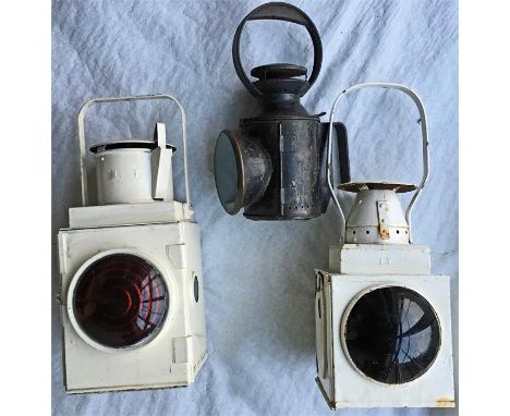 Selection of London Underground PARAFFIN LAMPS comprising 2 x TRAIN TAIL LAMPS (red aspect), both marked 'LT' and one Guard's