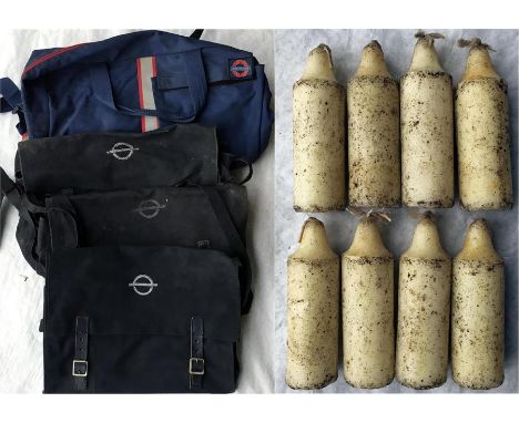 3 x London Underground GUARDS' EQUIPMENT BAGS (2 used, one unused) of the tradtional type with bullseye logo plus a c1980s DR