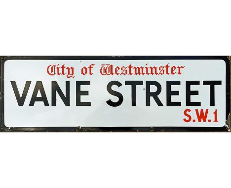 A City of Westminster enamel STREET SIGN from Vane Street, SW1, a short thoroughfare off Vincent Square, near Victoria, and h