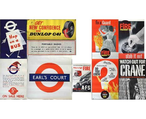 London Transport POSTERS comprising bus adverts for Dunlop C41 tyres (1960s) and 1958 'Hop on a bus' by Lobban plus 1961 'Red
