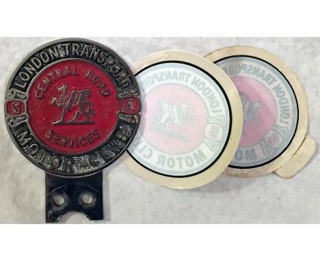 London Transport Central Road Services Motor Club CAR BADGE in chrome, good used condition, plus two similar CAR WINDSCREEN S