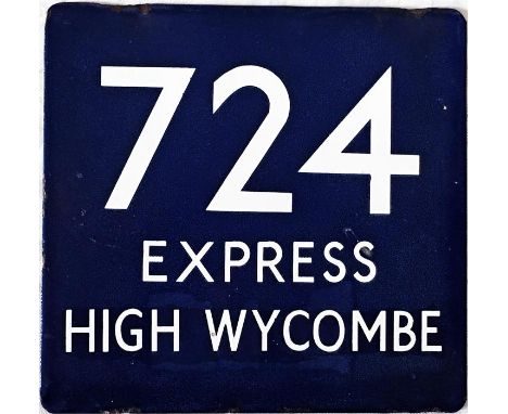 London Transport coach stop enamel E-PLATE for Green Line route 724 Express, destinated High Wycombe with white digits on a b