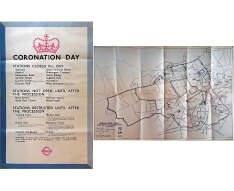 Original 1953 London Transport double-royal POSTER 'Coronation Day' detailing closed and restricted Underground stations plus