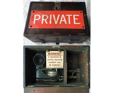 London Underground vintage (c1920s or earlier) STATION HEADWALL EMERGENCY TELEPHONE UNIT in wooden box, with enamel 'Private'