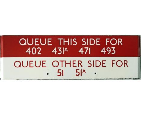 London Transport bus stop enamel Q-PLATE 'Queue this side for 402, 431A, 471, 493, Queue other side for 51, 51A'. An unusual 