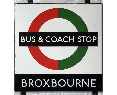 London Transport 1950s/60s Country Buses BUS & COACH STOP SHELTER PLATE 'Broxbourne' from a 'Keston'-type wooden shelter in t