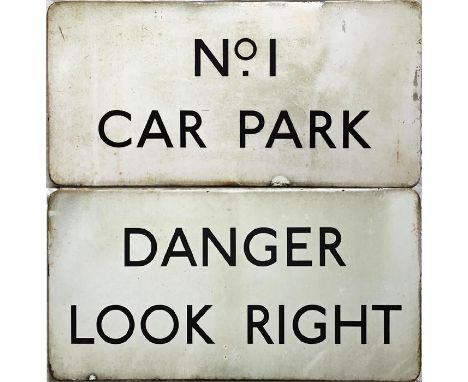2 London Transport flanged ENAMEL SIGNS ex-Aldenham Bus Works 'No 1 Car Park' & 'Danger, Look Right'. Presumed to date from t
